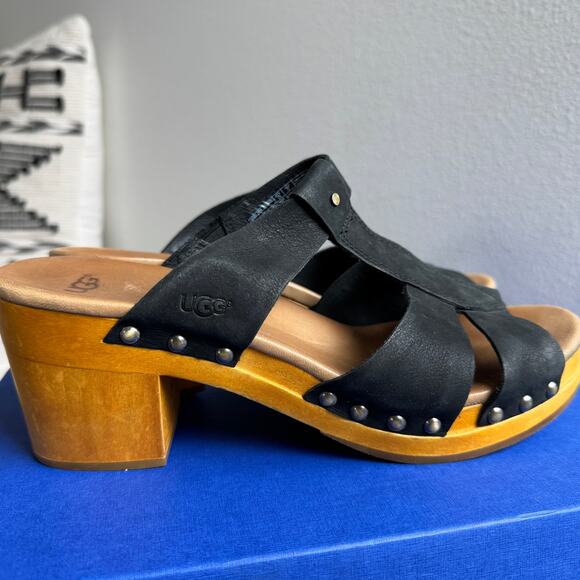 UGG Australia Jennie Black Leather Studded Boho Wooden Clog Sandals Size 9 - Picture 3 of 9